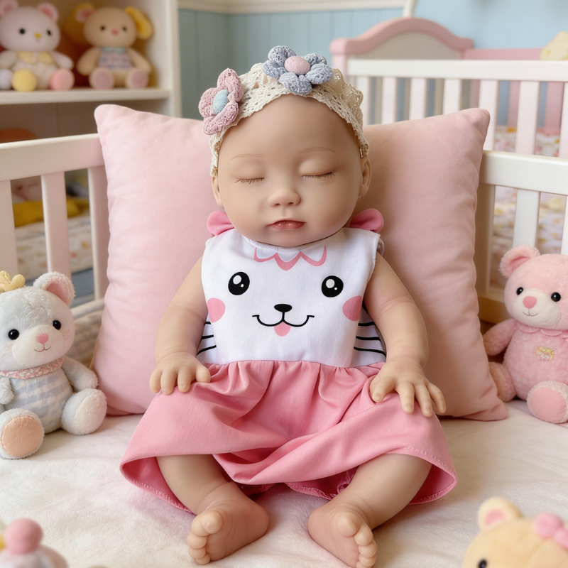13Inch Sweet Dreamy Reborn Baby Doll Lulu – Cute Cat Face Onesie & Blooming Flower Headband, Adorable Snuggle Partner