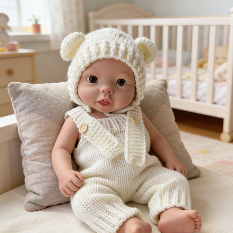 18Inch Adorable Chubby Reborn Baby Doll Bear - Cozy Cream Knit Bear Onesie & Sweet Ear Hat, Irresistible Cuddle Partner