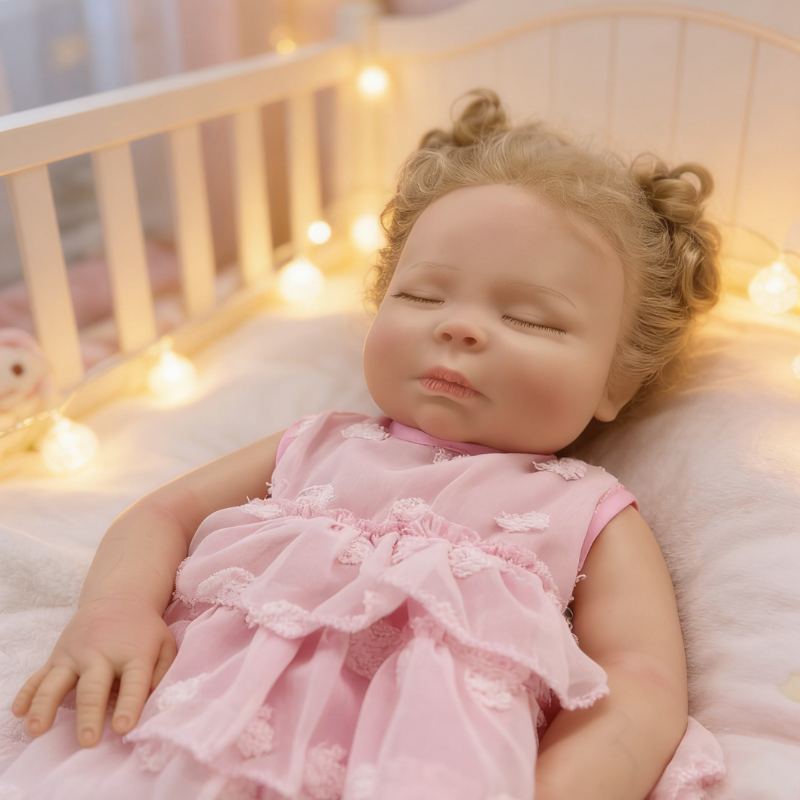 18Inch Duo Realistic Reborn Baby Doll, Curly Hair Sleeping Girl in Pink Dress, Soothing Toy for Kids, Collectible Gift for All Ages