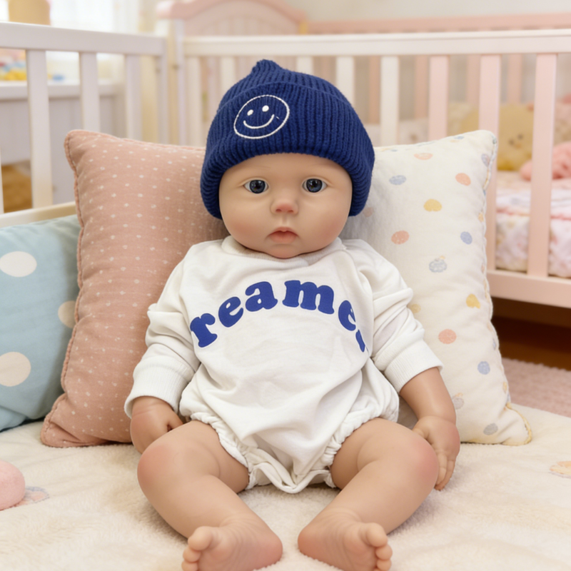 22Inch Cool & Calm Reborn Baby Doll Silas – Navy Smiley Knit Beanie & Minimalist White Onesie, Perfect Cuddle Partner