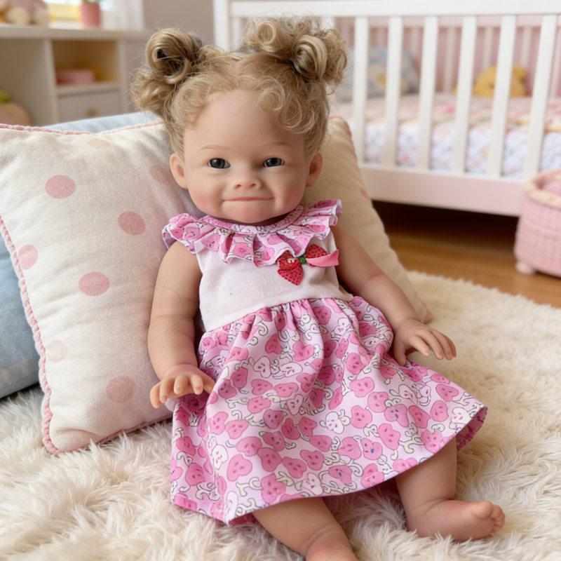 16Inch Lifelike Reborn Baby Doll Berry - Pink Strawberry Print Outfit Curly Hair Soothing Companion Doll