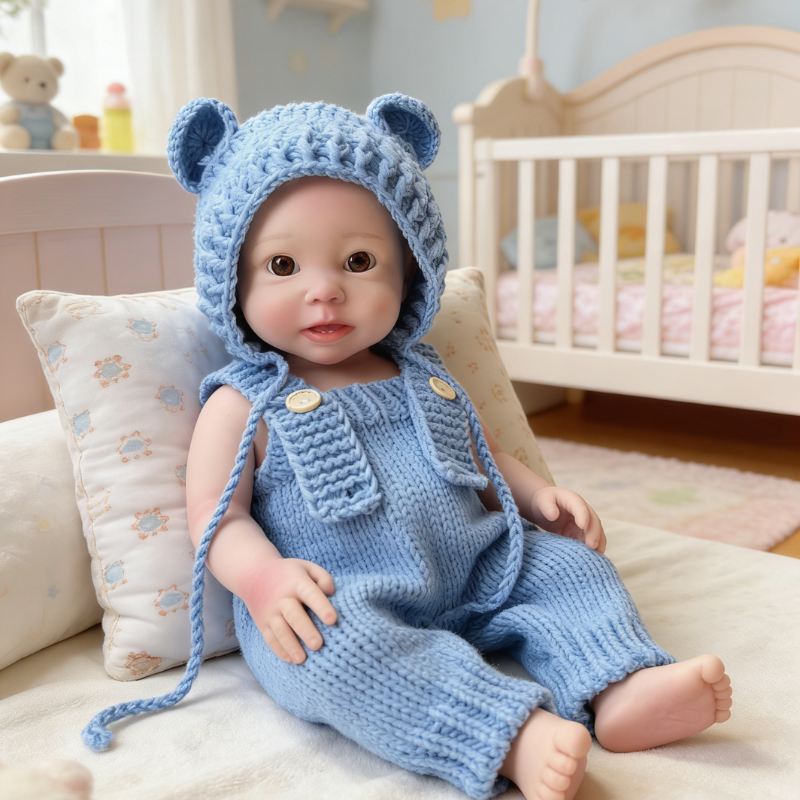 18Inch Adorable Chubby Reborn Baby Doll Bear - Cozy Cream Knit Bear Onesie & Sweet Ear Hat, Irresistible Cuddle Partner