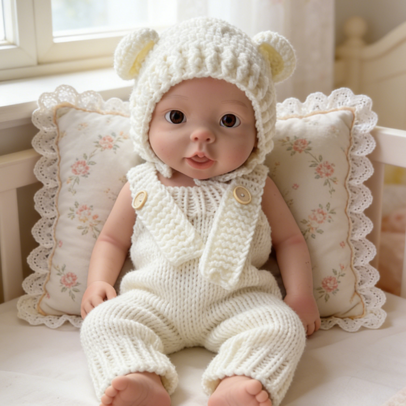18Inch Adorable Chubby Reborn Baby Doll Bear - Cozy Cream Knit Bear Onesie & Sweet Ear Hat, Irresistible Cuddle Partner
