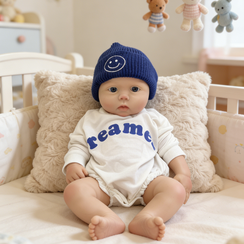 22Inch Cool & Calm Reborn Baby Doll Silas – Navy Smiley Knit Beanie & Minimalist White Onesie, Perfect Cuddle Partner