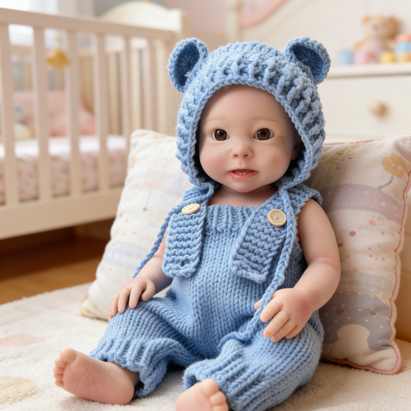 18Inch Adorable Chubby Reborn Baby Doll Bear - Cozy Cream Knit Bear Onesie & Sweet Ear Hat, Irresistible Cuddle Partner