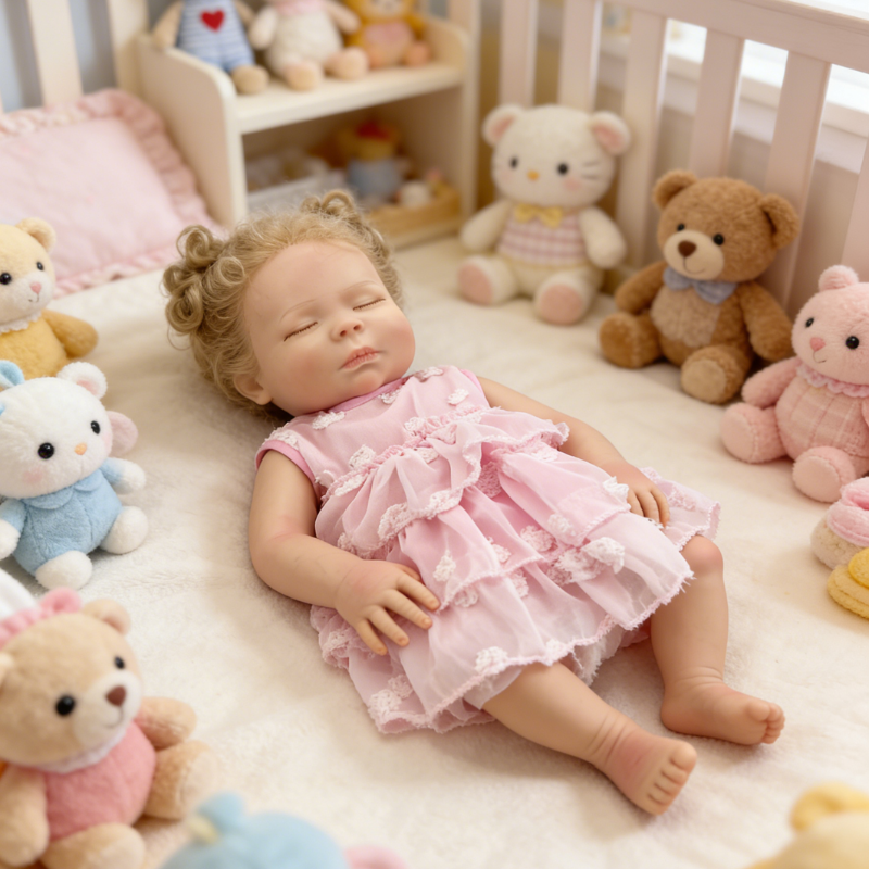18Inch Duo Realistic Reborn Baby Doll, Curly Hair Sleeping Girl in Pink Dress, Soothing Toy for Kids, Collectible Gift for All Ages