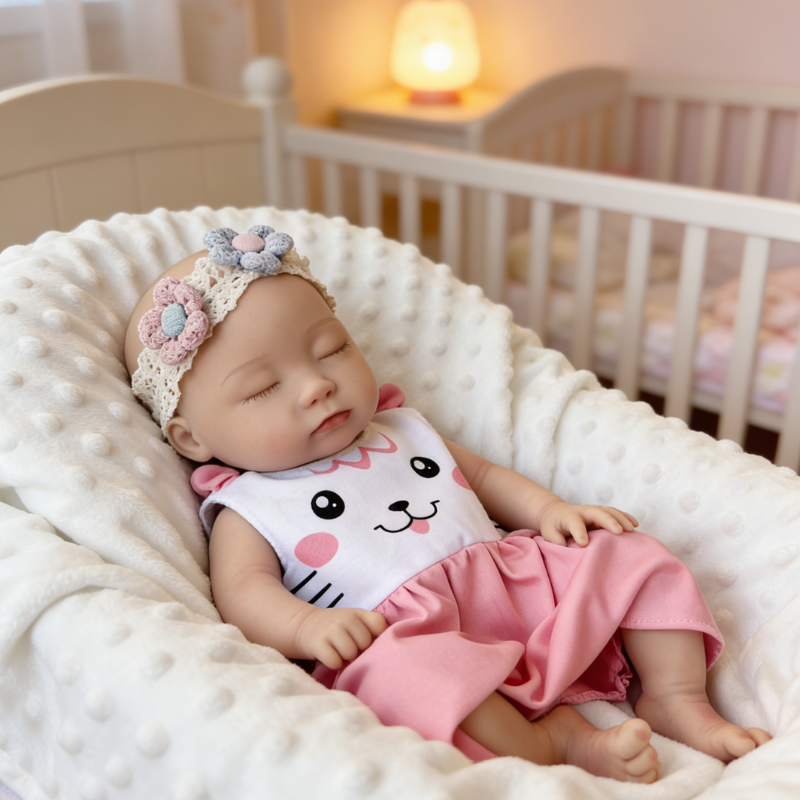 13Inch Sweet Dreamy Reborn Baby Doll Lulu – Cute Cat Face Onesie & Blooming Flower Headband, Adorable Snuggle Partner