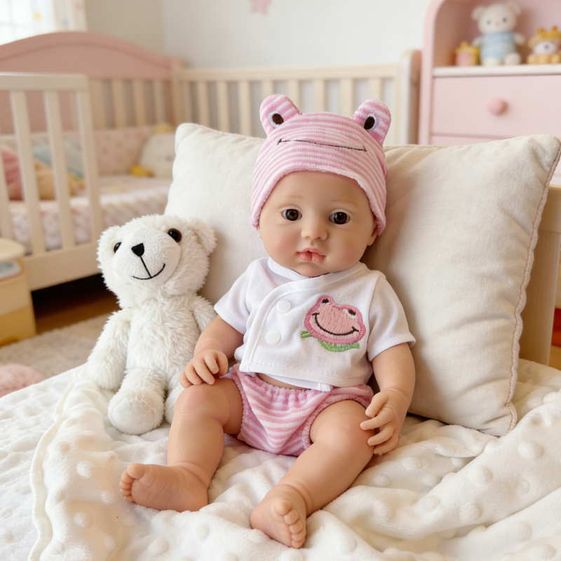 13Inch Charming Reborn Baby Doll Stella - Adorable Frog Prince Costume & Pastel Pink Stripe Set, Sweet Cuddly Partner