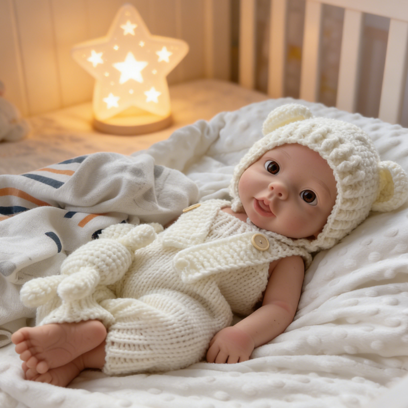 18Inch Adorable Chubby Reborn Baby Doll Bear - Cozy Cream Knit Bear Onesie & Sweet Ear Hat, Irresistible Cuddle Partner