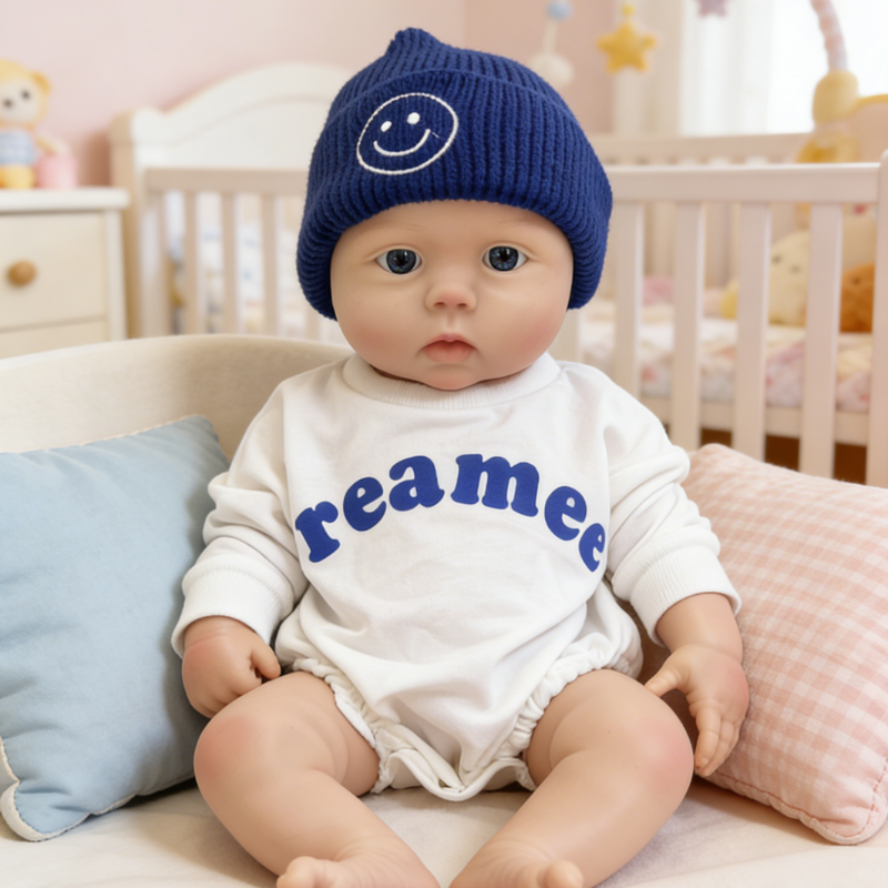 22Inch Cool & Calm Reborn Baby Doll Silas – Navy Smiley Knit Beanie & Minimalist White Onesie, Perfect Cuddle Partner