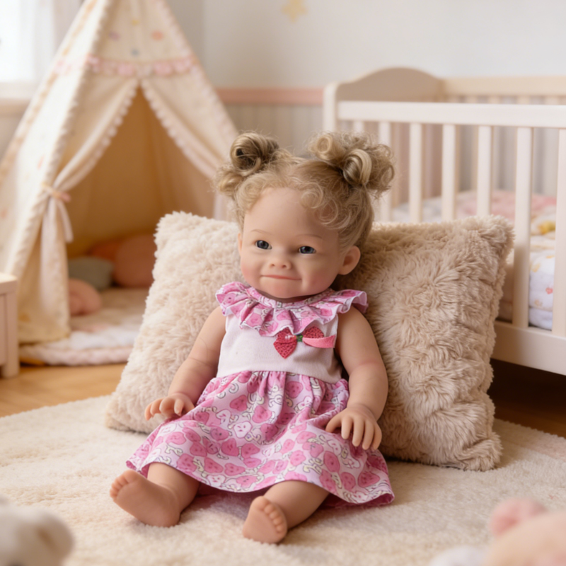 16Inch Lifelike Reborn Baby Doll Berry - Pink Strawberry Print Outfit Curly Hair Soothing Companion Doll