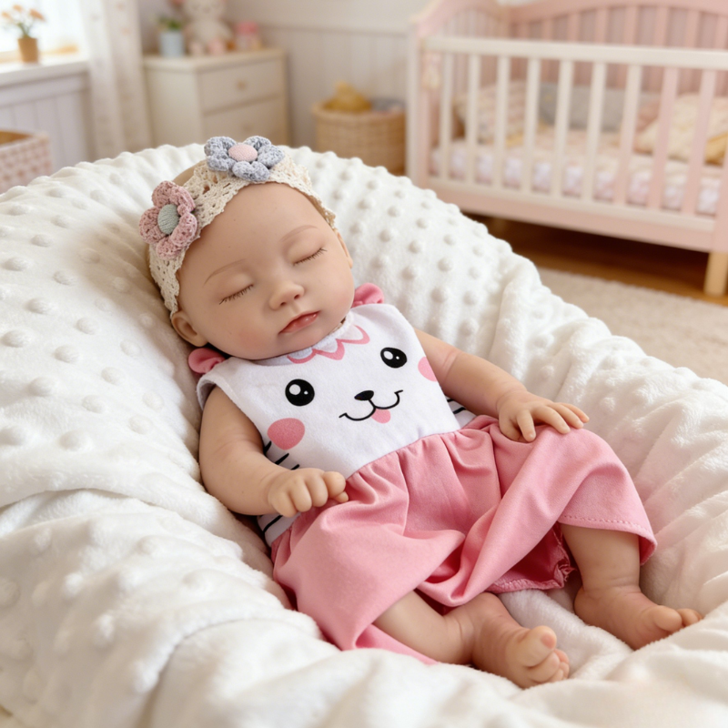 13Inch Sweet Dreamy Reborn Baby Doll Lulu – Cute Cat Face Onesie & Blooming Flower Headband, Adorable Snuggle Partner