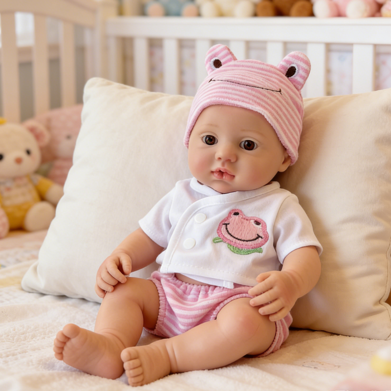13Inch Charming Reborn Baby Doll Stella - Adorable Frog Prince Costume & Pastel Pink Stripe Set, Sweet Cuddly Partner