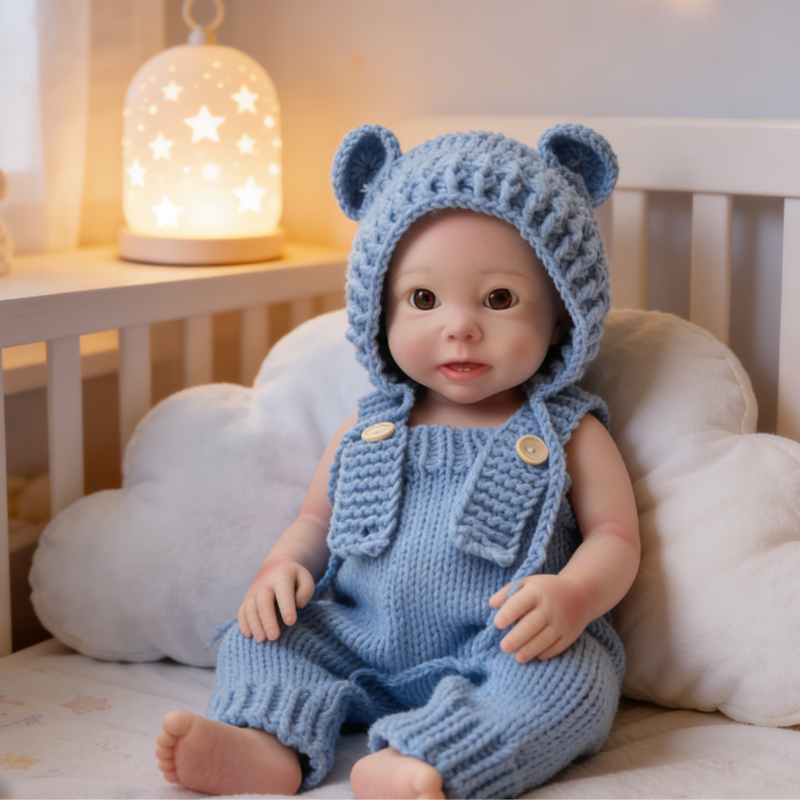 18Inch Adorable Chubby Reborn Baby Doll Bear - Cozy Cream Knit Bear Onesie & Sweet Ear Hat, Irresistible Cuddle Partner