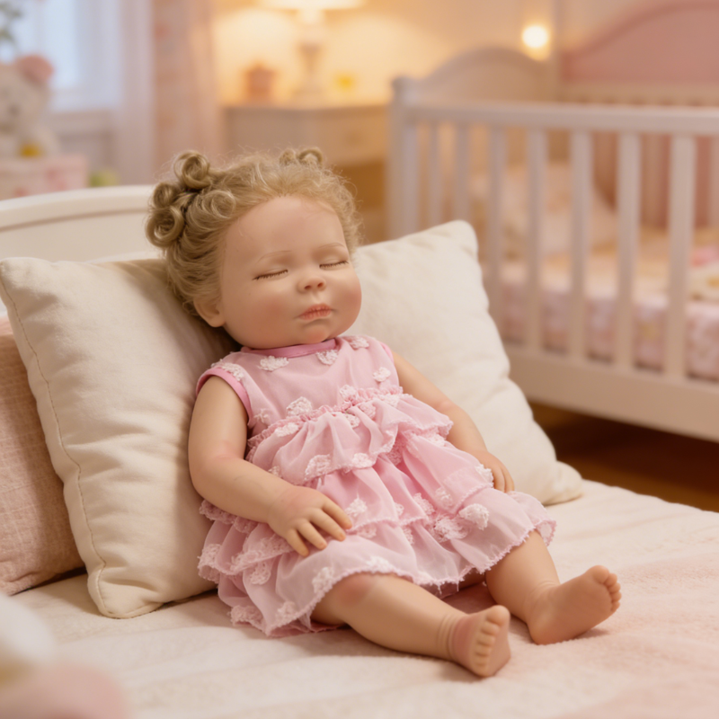 18Inch Duo Realistic Reborn Baby Doll, Curly Hair Sleeping Girl in Pink Dress, Soothing Toy for Kids, Collectible Gift for All Ages
