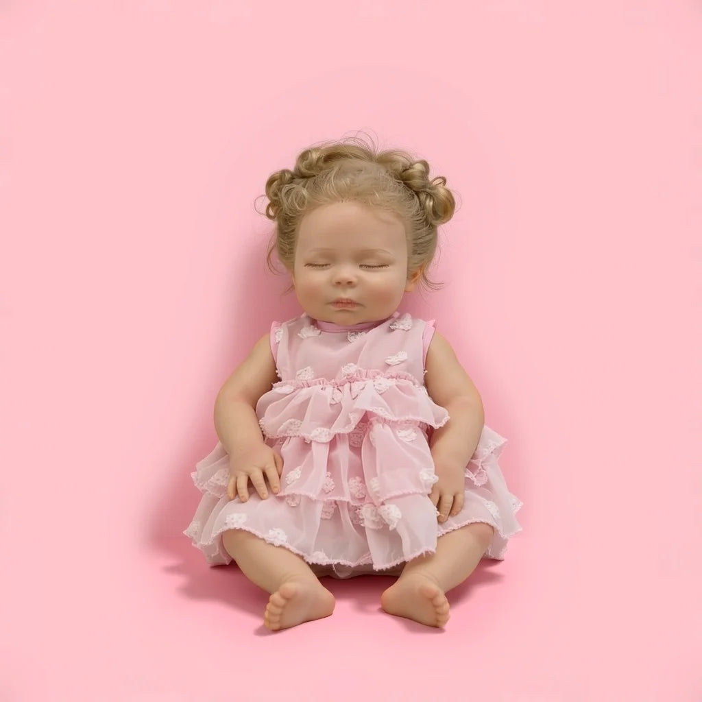 18Inch Duo Realistic Reborn Baby Doll, Curly Hair Sleeping Girl in Pink Dress, Soothing Toy for Kids, Collectible Gift for All Ages
