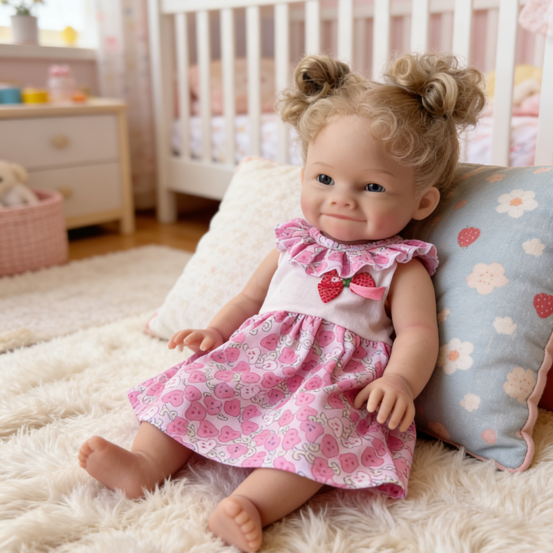 16Inch Lifelike Reborn Baby Doll Berry - Pink Strawberry Print Outfit Curly Hair Soothing Companion Doll