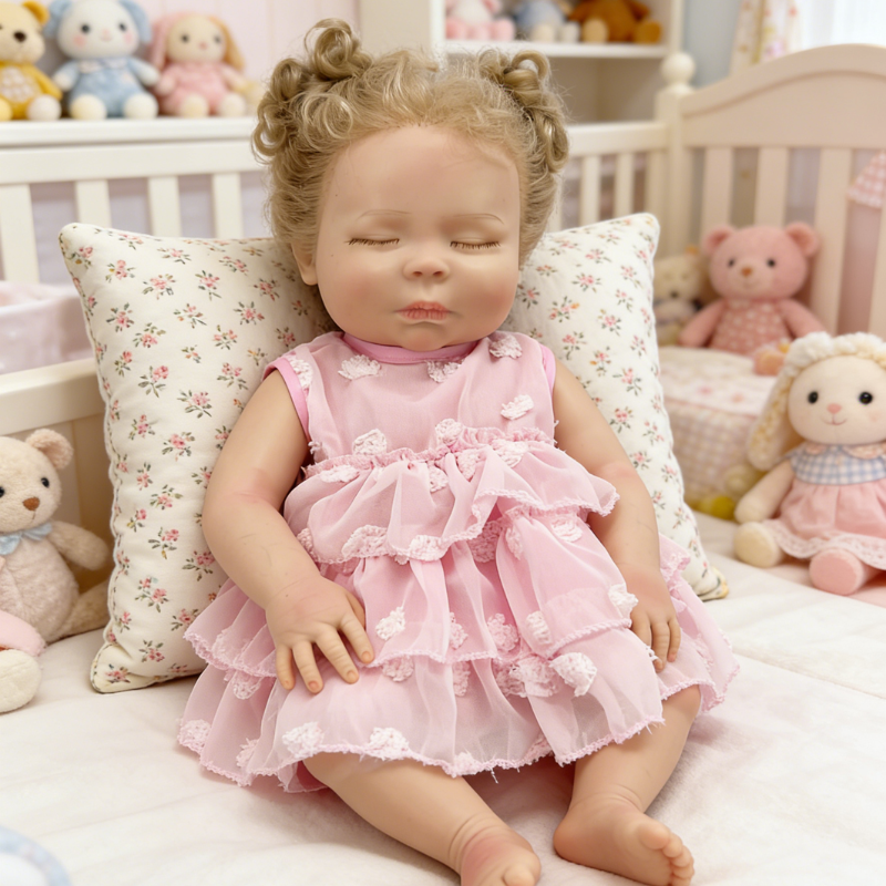 18Inch Duo Realistic Reborn Baby Doll, Curly Hair Sleeping Girl in Pink Dress, Soothing Toy for Kids, Collectible Gift for All Ages