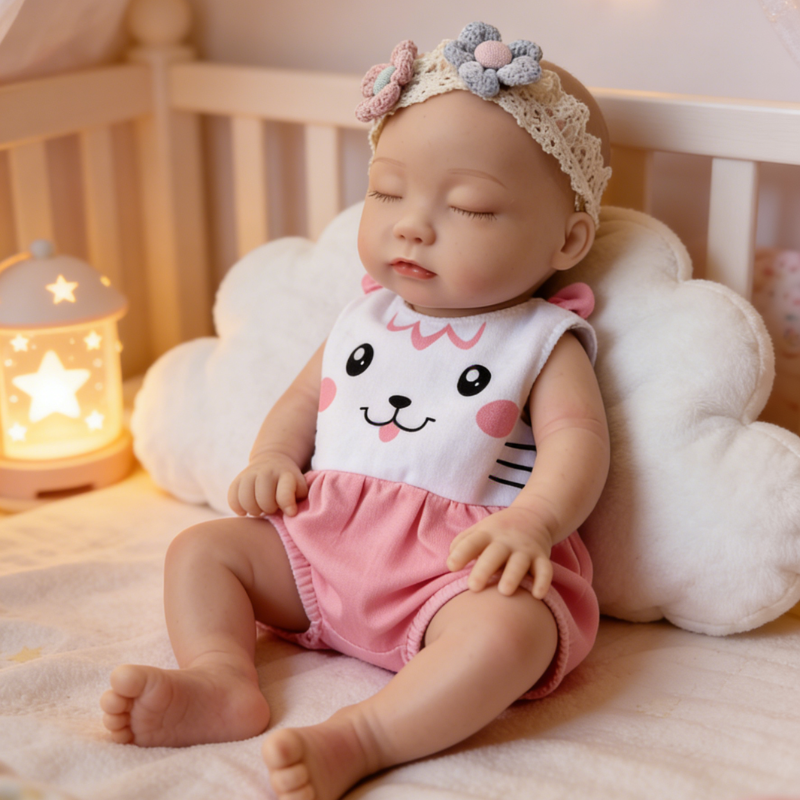 13Inch Sweet Dreamy Reborn Baby Doll Lulu – Cute Cat Face Onesie & Blooming Flower Headband, Adorable Snuggle Partner