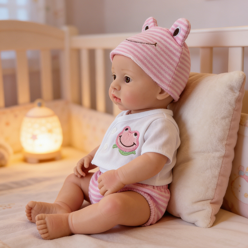 13Inch Charming Reborn Baby Doll Stella - Adorable Frog Prince Costume & Pastel Pink Stripe Set, Sweet Cuddly Partner