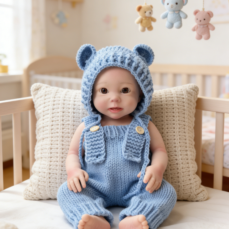 18Inch Adorable Chubby Reborn Baby Doll Bear - Cozy Cream Knit Bear Onesie & Sweet Ear Hat, Irresistible Cuddle Partner