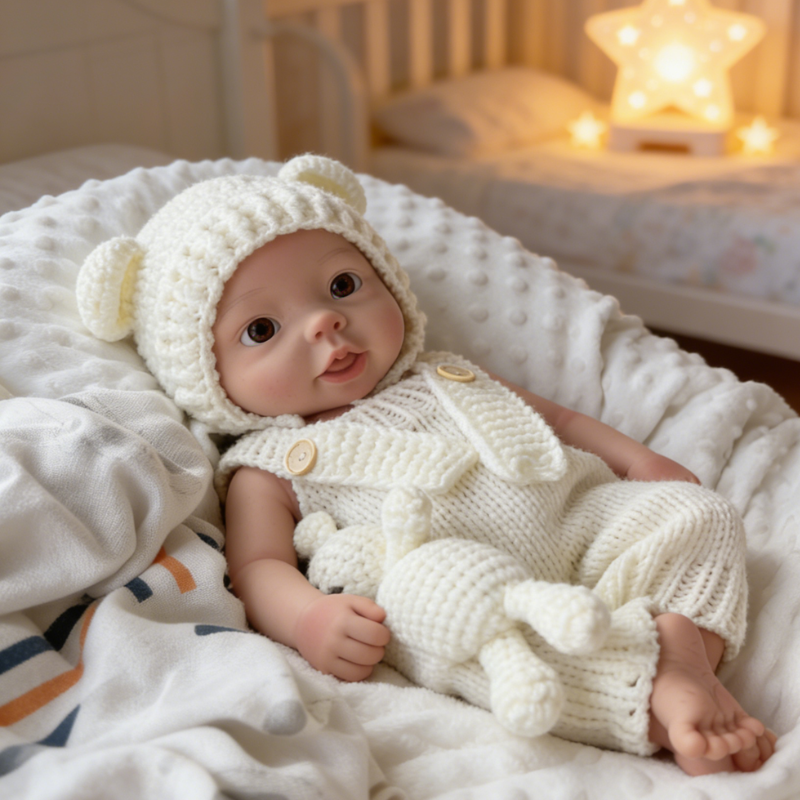 18Inch Adorable Chubby Reborn Baby Doll Bear - Cozy Cream Knit Bear Onesie & Sweet Ear Hat, Irresistible Cuddle Partner