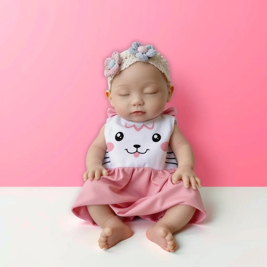13Inch Sweet Dreamy Reborn Baby Doll Lulu – Cute Cat Face Onesie & Blooming Flower Headband, Adorable Snuggle Partner
