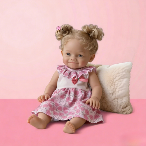 16Inch Lifelike Reborn Baby Doll Berry - Pink Strawberry Print Outfit Curly Hair Soothing Companion Doll