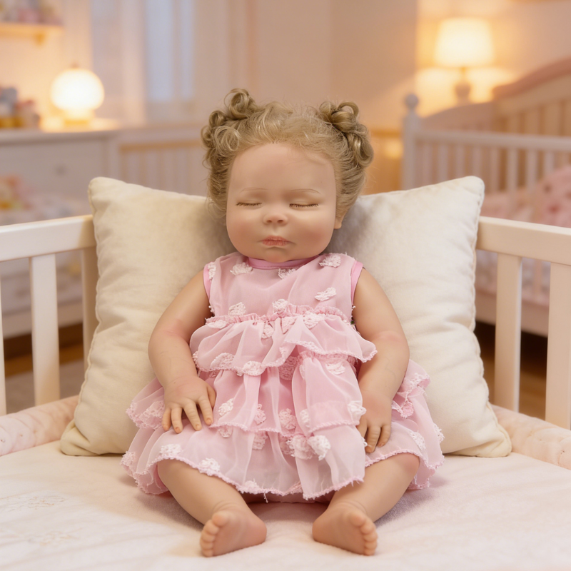 18Inch Duo Realistic Reborn Baby Doll, Curly Hair Sleeping Girl in Pink Dress, Soothing Toy for Kids, Collectible Gift for All Ages