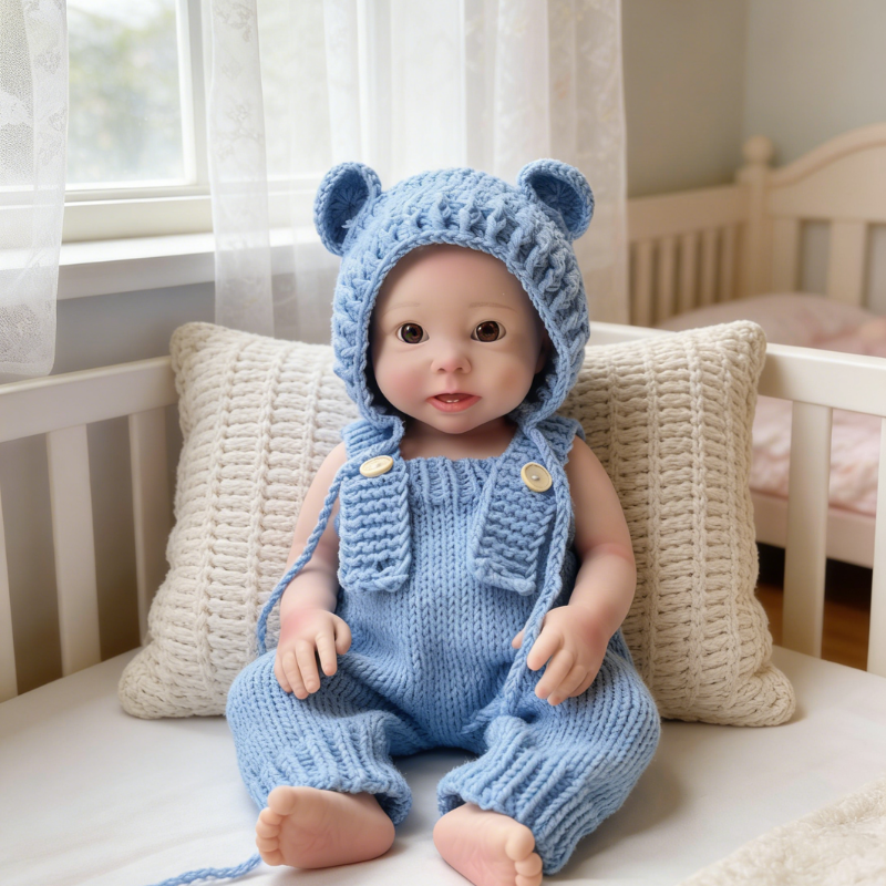 18Inch Adorable Chubby Reborn Baby Doll Bear - Cozy Cream Knit Bear Onesie & Sweet Ear Hat, Irresistible Cuddle Partner