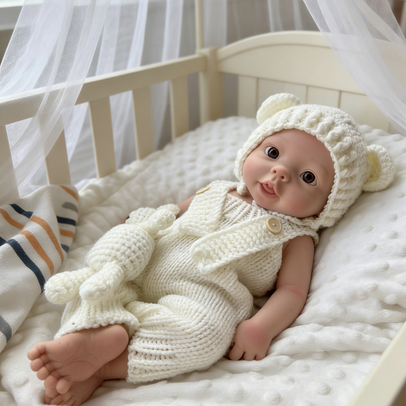 18Inch Adorable Chubby Reborn Baby Doll Bear - Cozy Cream Knit Bear Onesie & Sweet Ear Hat, Irresistible Cuddle Partner