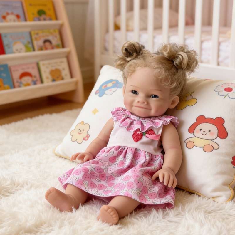 16Inch Lifelike Reborn Baby Doll Berry - Pink Strawberry Print Outfit Curly Hair Soothing Companion Doll