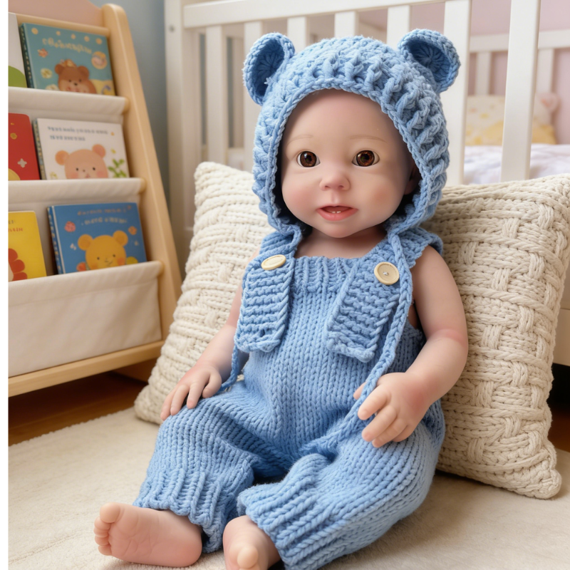 18Inch Adorable Chubby Reborn Baby Doll Bear - Cozy Cream Knit Bear Onesie & Sweet Ear Hat, Irresistible Cuddle Partner