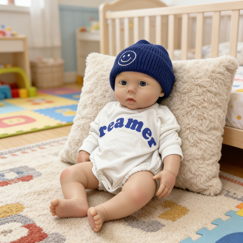 22Inch Cool & Calm Reborn Baby Doll Silas – Navy Smiley Knit Beanie & Minimalist White Onesie, Perfect Cuddle Partner