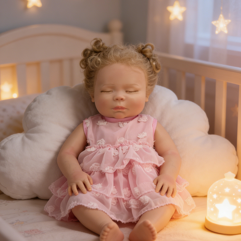 18Inch Duo Realistic Reborn Baby Doll, Curly Hair Sleeping Girl in Pink Dress, Soothing Toy for Kids, Collectible Gift for All Ages