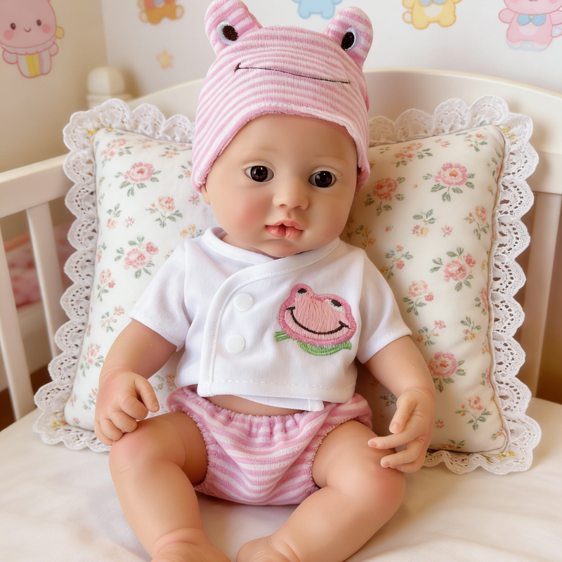 13Inch Charming Reborn Baby Doll Stella - Adorable Frog Prince Costume & Pastel Pink Stripe Set, Sweet Cuddly Partner