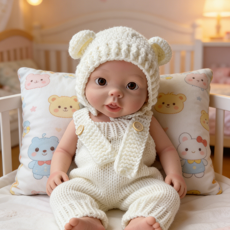 18Inch Adorable Chubby Reborn Baby Doll Bear - Cozy Cream Knit Bear Onesie & Sweet Ear Hat, Irresistible Cuddle Partner